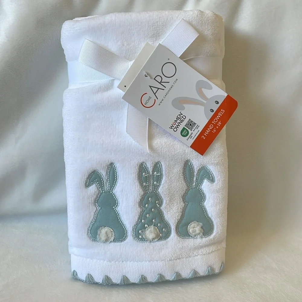 CARO Home, 100% Cotton White and Blue/Green Bunny Back Hand Towels, Set of 2